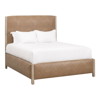 Emmett Queen Bed in Ivanhoe Toast and Natural Gray wood vegan leather camel light brown beige
