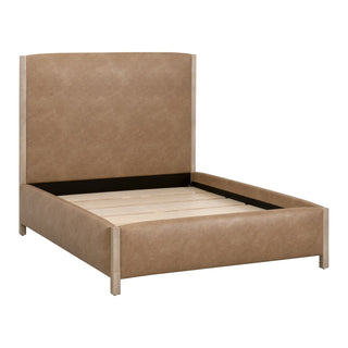Emmett Queen Bed in Ivanhoe Toast and Natural Gray wood beige camel vegan leather light brown