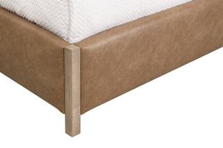 Emmett Queen Bed in Ivanhoe Toast and Natural Gray vegan leather camel wood light brown beige