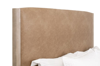 Emmett Queen Bed in Ivanhoe Toast and Natural Gray vegan leather light brown camel beige wood