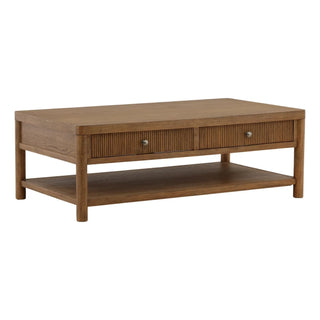 Estrada Coffee Table ribbed shelf drawer gold knob dark brown