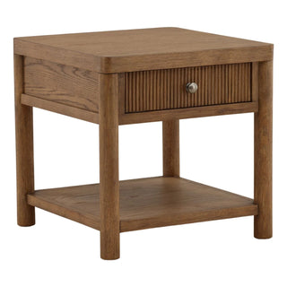 Estrada Side Table in Dark Brown ribbed drawer shelf gold knob