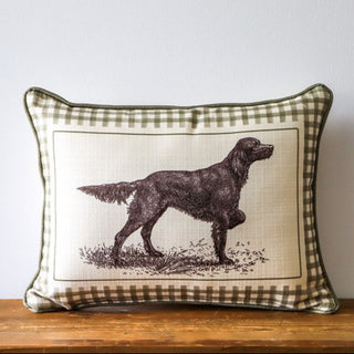 Decorative pillow with a dog illustration on a checkered background