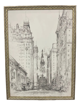 European City Sketch Framed Antique Print 24"x32"