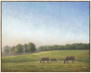 Evening Pasture Floating Framed Canvas horse green field tree blue sky 