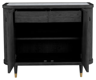 Everett Demilune Credenza in Charcoal carrara marble top red oak brushed brass