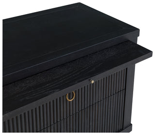 Everett Two Drawer Nightstand in Charcoal ribbed front brushed brass red oak