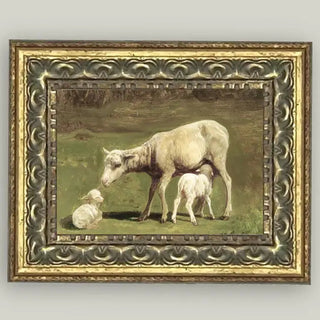 Ewe and Two Lambs Framed Antique Art 7"x5"