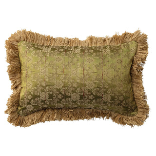 Fabric Blend Jacquard Lumbar Pillow w/ Brocade Pattern, Fringe & Velvet Back green gold