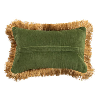 Fabric Blend Jacquard Lumbar Pillow w/ Brocade Pattern, Fringe & Velvet Back gold green