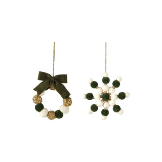 Fabric Pom Pom Wreath or Snowflake Ornament wreath snowflake gold green white