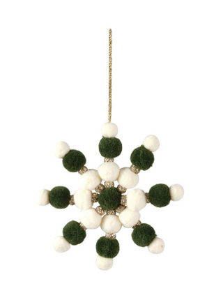 Fabric Pom Pom Wreath or Snowflake Ornament green gold white