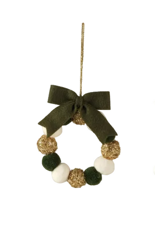 Fabric Pom Pom Wreath or Snowflake Ornament gold green white