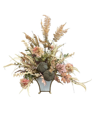 Fall Arrangement with Green Pumpkins White & Gold Container sugar maple green corduroy pumpkin waxed white berry olive green fern cream green eucalylptus white metal container with gold trim
