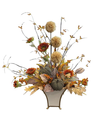 Fall Arrangement with Green Pumpkins in White & Gold Container
An autumn floral arrangement in a white and gold pedestal vase flower pumpkin sunflower leaf twig