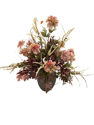 Fall Coral Dahlia Arrangement in Beige & Green Urn maple leaf burgundy cream berry berries eucalyptus green cream