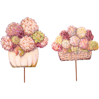 Fall Hydrangea Pumpkin Basket Stake Assorted
Two decorative garden stakes featuring painted floral arrangements, one in a white pot and one in a woven basket, both filled with pastel hydrangea-like blooms on a white background. pink green white easel