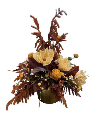 Fall Magnolia & Ranunculus Arrangement in Gold Pot white rust norfolk pine eucalyptus bud & foliate cream berries berry pumpkin yellow