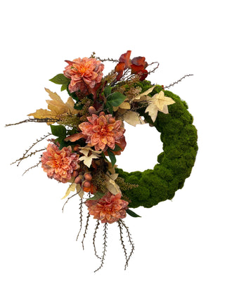 Fall Moss Wreath with Orange Dahlias sweet gum gingko lilac green orange burgundy acorn 
