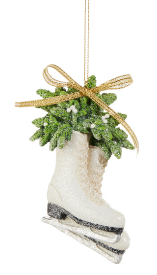 Farmhouse Frost Ornament Assorted ice skate greenery gold ribbon bow snow
