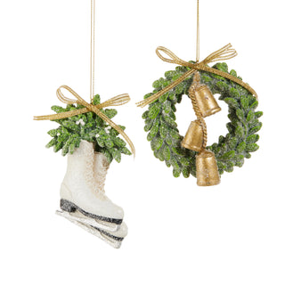 Farmhouse Frost Ornament Assorted snow skate wreath bell gold bow ribbon