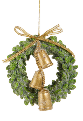 Farmhouse Frost Ornament Assorted wreath bell gold ribbon bow 