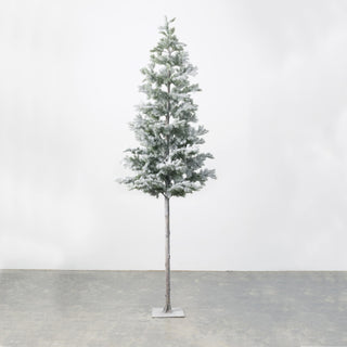 An artificial pine tree with faux frost on its branches, standing on a grey base.