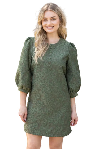 Floral Jacquard Dress in Olive