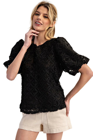 Floral Lace Blouse Tie Back in Black