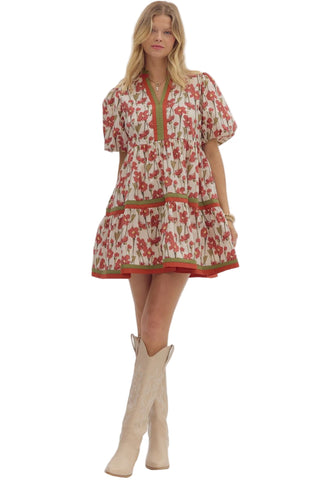entro Floral Print Short Bubble Sleeve Dress in Rust