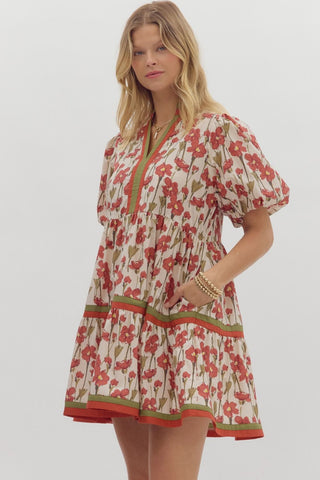 Floral Print Short Bubble Sleeve Dress in Rust