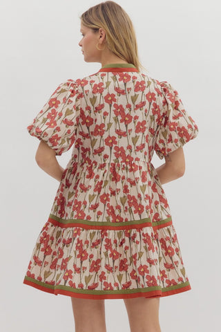 Floral Print Short Bubble Sleeve Dress in Rust