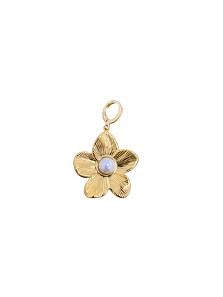 Gold flower-shaped pendant with a pearl center. Scarf necklace charm 