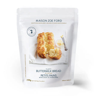 A package of Maison Zoe Ford Buttermilk Bread Mix, displaying the product name, a picture of buttermilk bread, and the net weight of 200g, finch and fennel 