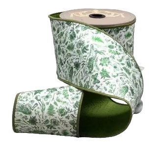 Forest Green & White Floral Pattern with Rabbit Dupion Ribbon 4" - SOLD BY THE FOOT