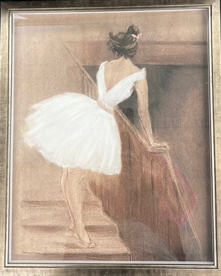 Framed painting of a ballerina in a white tutu performing on stage.
