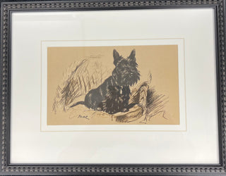 Framed vintage sketch of a dog on a brown background with cream matting.