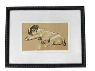 Framed Vintage Dog Sketch on a Brown Background Matted in Cream H