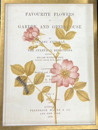 Framed artwork featuring a vintage floral and butterfly print with text on the title page.