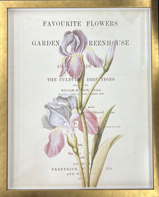 A framed vintage print featuring floral and butterfly illustrations with text on the title page, set in a gold frame.