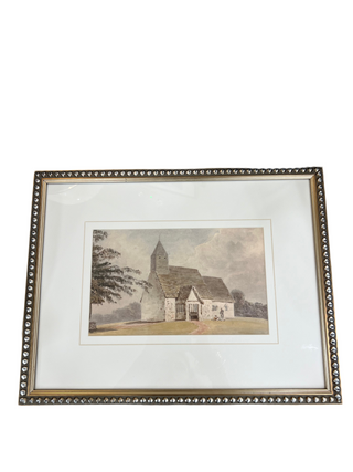 Framed print of a church with decorative border on a white background. Framed Vintage Dog Sketch 16x20