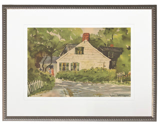Framed artwork of a quaint house with trees and a white picket fence. Framed Watercolor Summer House 16x20