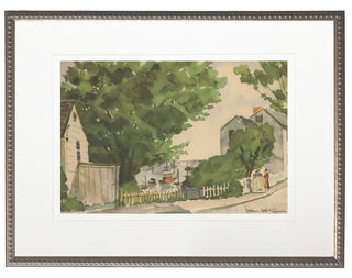 Framed artwork of a suburban scene with houses, trees, and a person walking. Framed Watercolor Summer Street & Lake View 16x20
