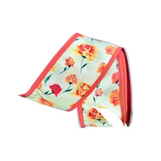 Water Color Florals with Orange Flowers & Orange Backing 2.5" x m1' Wired Ribbon - SOLD BY THE FOOT
