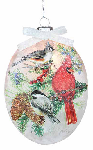 Oval Lightable Glass Ornament Birds of Winter Assorted
