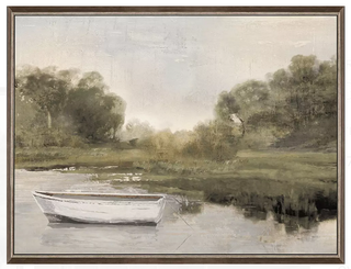 Gentle River Moor Framed Print boat water tree green white brown wood from gold inlay