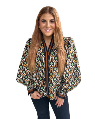 Geometric Long Sleeve Mock Neck Top with Smocked Cuffs