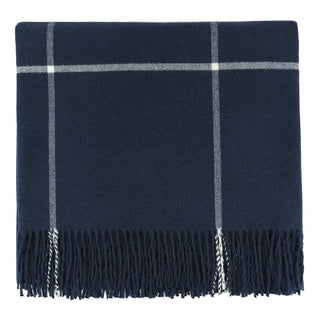 Glasgow Throw in Navy white fringe windowpane plaid