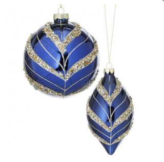 Glass Beaded Leaf Stripe Ornament in Blue / Gold Assorted
 pair of blue Christmas ornaments, one round and one teardrop-shaped, both decorated with glittering gold chevron patterns ball finial
