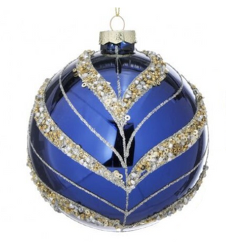 Glass Beaded Leaf Stripe Ornament in Blue / Gold Assorted
A royal blue glass Christmas ornament decorated with silver glitter stripes and gold beaded accents sequin ball